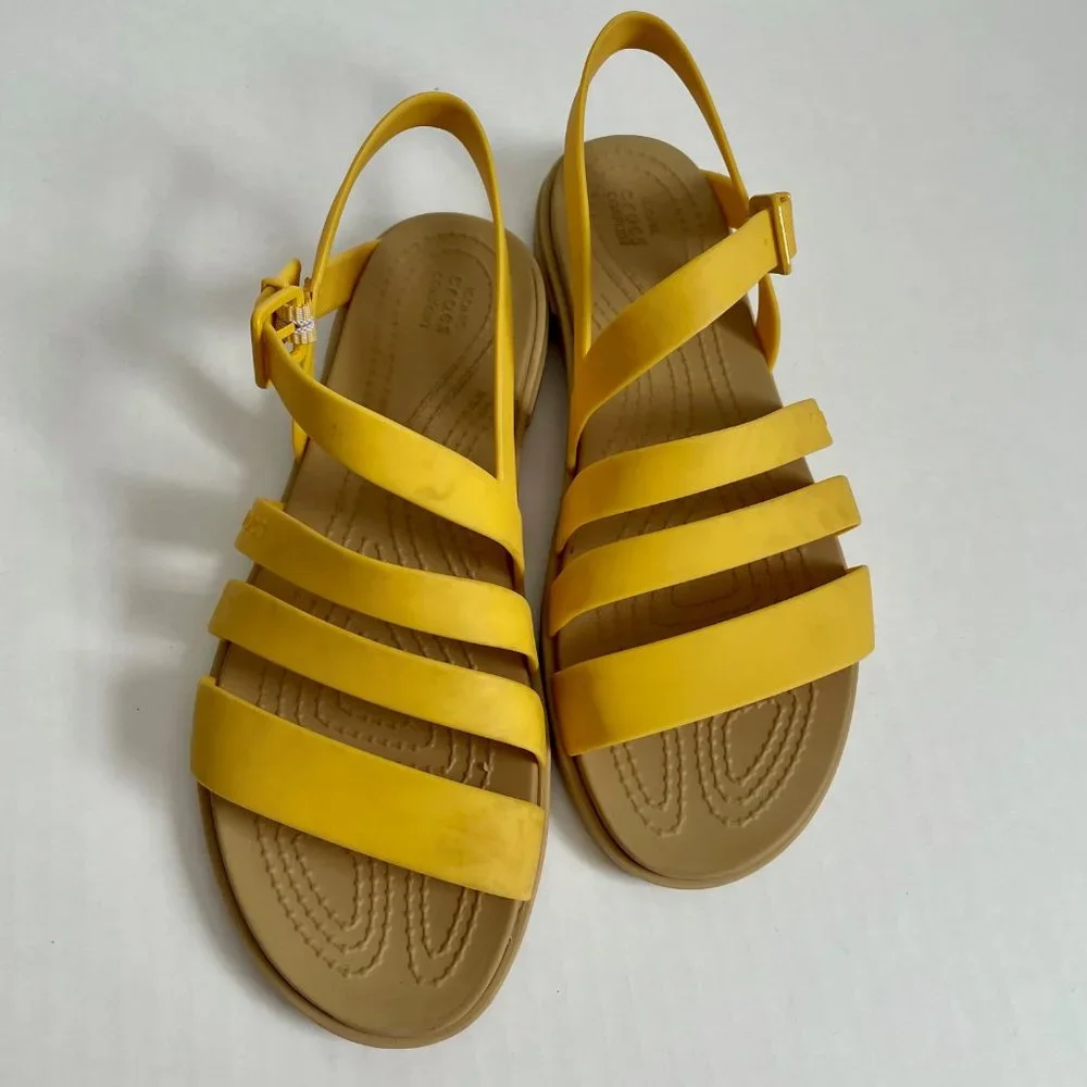 Crocs Tulum Strappy Sandals Size 6 Canary Yellow/Tan 206107 Adjustable Buckle - Picture 2 of 11